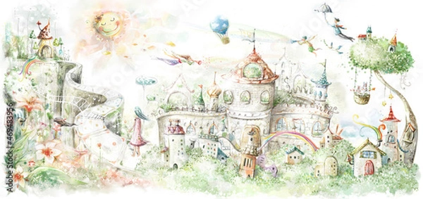 Obraz a fairy tale, a small town with cute paths and a big magic tree