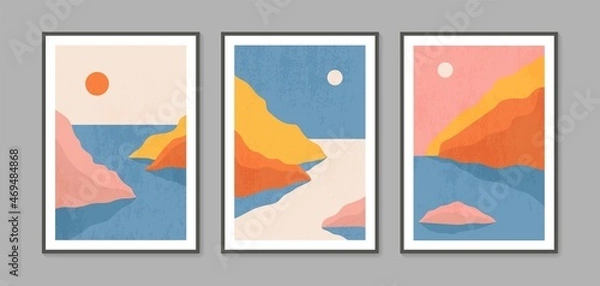 Fototapeta Abstract contemporary landscape posters. Modern boho background set with sun moon mountains. Abstract arts design for wall framed prints, poster, cover, home decor, canvas prints, wallpaper.