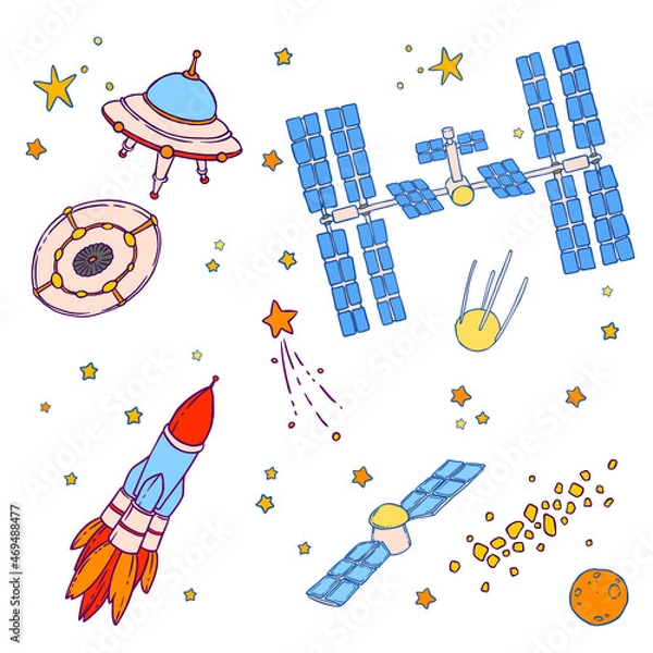 Fototapeta Illustration of space objects, UFO, flying saucer, satellite, rocket, stars, asteroid belt, space station, spaceship, comet and planet. Vector drawing isolated on white background.