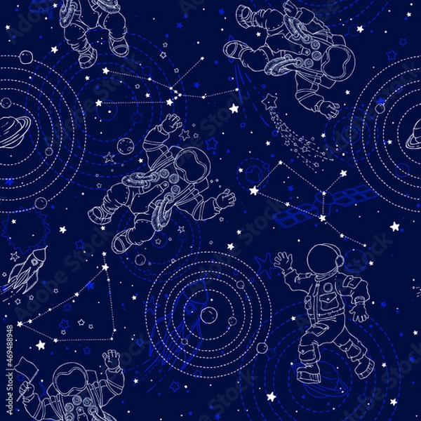 Fototapeta Seamless pattern with space, astronauts, constellations, planets, stars and space objects. Wallpaper, textile, fabric, baby products.
