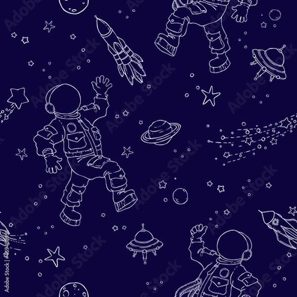 Fototapeta Seamless pattern with space, astronauts, UFOs, planets, stars and space objects. Wallpaper, textile, fabric, baby products.