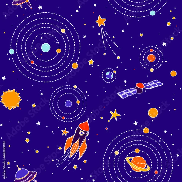 Fototapeta Seamless pattern with space, UFOs, planets, stars and space objects. Wallpaper, textile, fabric, baby products.