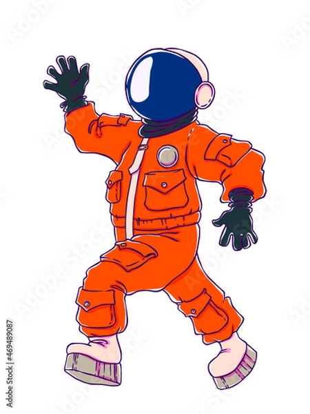 Fototapeta Illustration of a walking and greeting the astronaut in orange space suit and mask. Vector drawing isolated on white background. T-shirt printing.