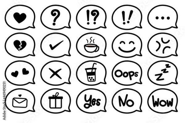 Obraz Flat line emoji icon set. Vector speech bubble. Hand drawn set of speech bubbles with emoji icon.emoticon speech bubble icon set on white background.