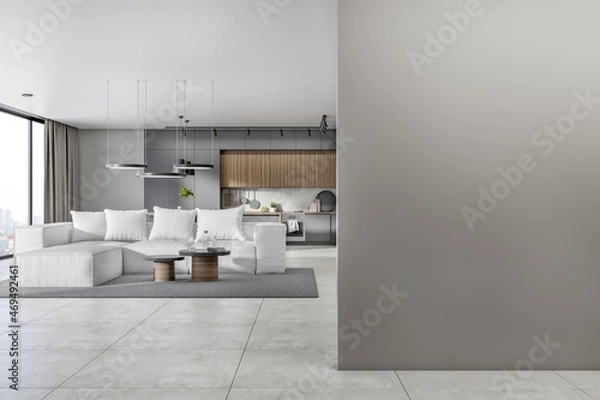 Fototapeta Modern concrete and wooden kitchen studio interior with empty mock up place on wall, window and city view, daylight, furniture and white couch. Design, home and apartment concept. 3D Rendering.