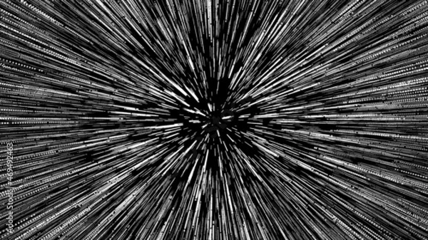 Fototapeta Hyper jump into another galaxy. Speed of light, neon glowing rays in motion. Beautiful fireworks, colorful explosion, big bang. Moving through stars. Seamless loop. Abstract creative cosmic background