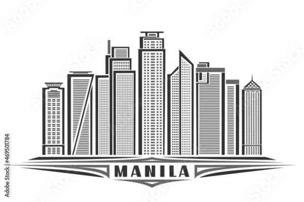 Fototapeta Vector illustration of Manila, monochrome horizontal poster with linear design famous manila city scape, urban line art concept with unique decorative letters for black word manila on white background