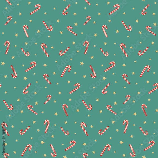 Fototapeta Vector seamless pattern with christmas candy canes and golden stars at blue background