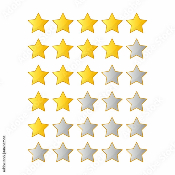 Fototapeta Five stars quality rating icon. Five stars customer product rating review isolated on white background. Feedback emoticon stars. Level of satisfaction rating. Vector stock.