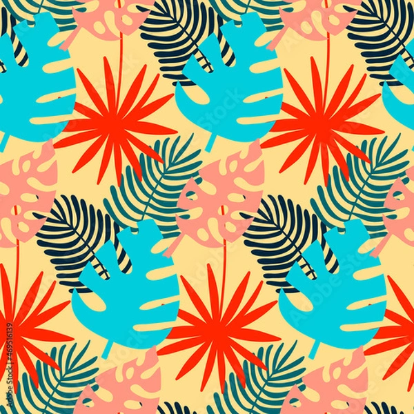 Fototapeta Monstera and palm seamless pattern, tropical leaf yellow red blue, vector
