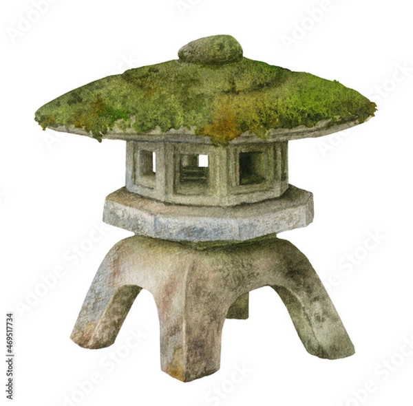 Fototapeta Moss-covered japanese stone lantern for the garden hand drawn in watercolor isolated on a white background. Watercolor illustration. Landscape design element.