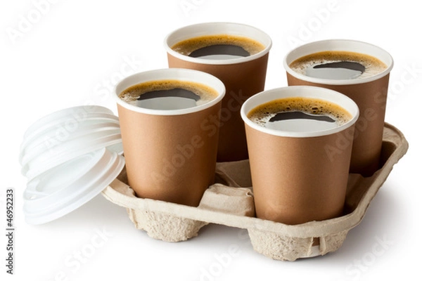 Fototapeta Four opened take-out coffee in holder