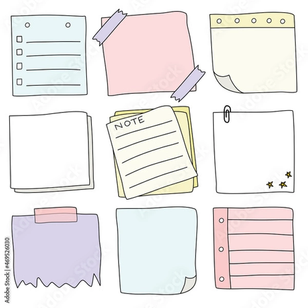 Obraz Hand drawn notepaper, doodle message sticky notes, paper note, vector illustration