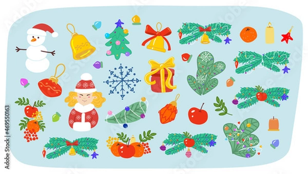 Fototapeta New Year winter elements for design. New Year holiday icons in cartoon style. Christmas stickers and badges. Vector illustration.