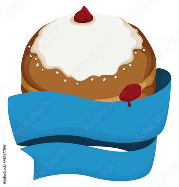 Fototapeta Glazed sufganiyah with jelly and empty blue ribbons, Vector illustration