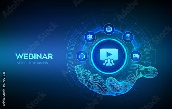Fototapeta Webinar icon in wireframe hand. Internet conference. Web based seminar. Distance Learning. E-learning Training business technology Concept on virtual screen. Vector illustration.