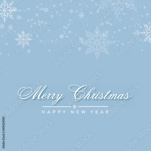 Fototapeta Merry Christmas and Happy New Year card with falling snowflakes on blue sky, Vector