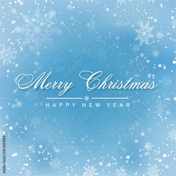 Fototapeta Merry Christmas and Happy New Year card with falling snowflakes on blue sky, Vector