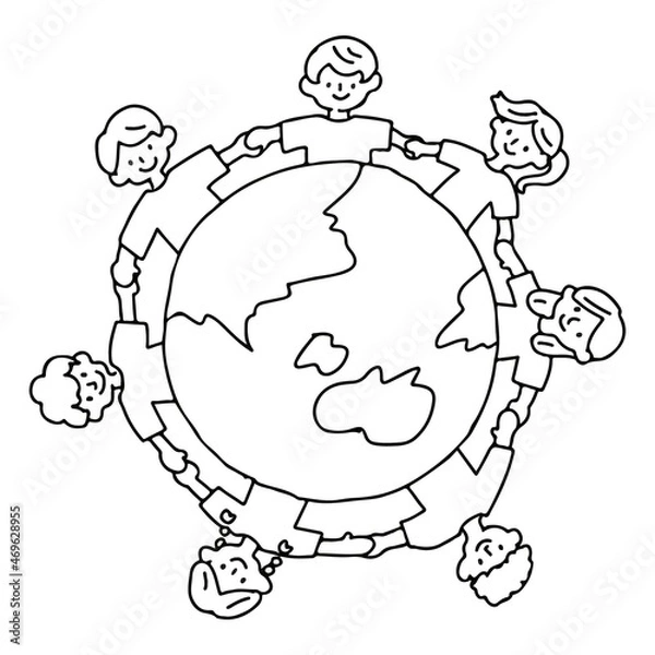 Obraz 地球を囲んで手を繋ぐ人たちのイラスト
