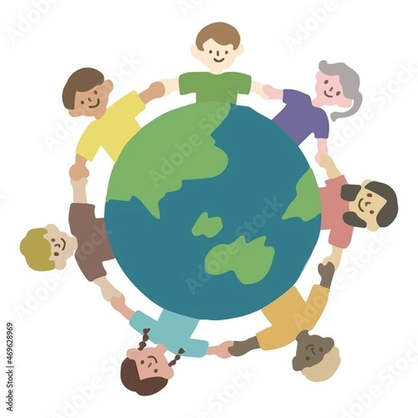 Obraz 地球を囲んで手を繋ぐ人たちのイラスト