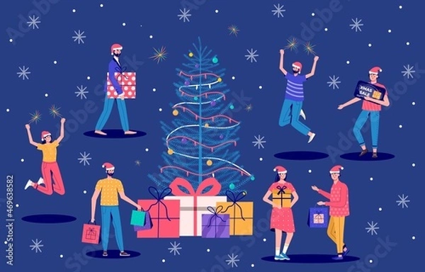 Fototapeta Banner with people with people holding shopping bag for a great Christmas sale. Men and women are buying gifts. Vector illustration in cartoon trendy style.vector for advertisement, coupon or voucher