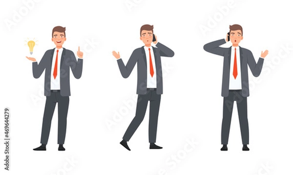 Fototapeta Businessman or Office Employee Wearing Suit and Red Tie Speaking by Phone and with Light Bulb Vector Set