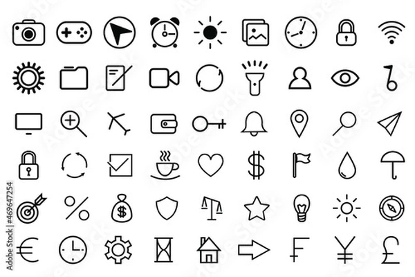 Fototapeta Outline symbol set. Collection of black thin line icons isolated on white background. Universal icons set.