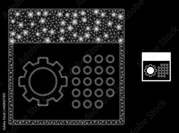 Fototapeta Glossy polygonal mesh net calendar settings icon with glow effect on a black background. Network calendar settings iconic vector with flash points in bright colors.