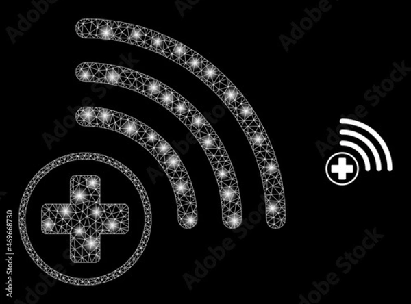 Fototapeta Glossy polygonal mesh net medical source icon with glitter effect on a black background. Carcass medical source iconic vector with glitter spheres in bright colors.