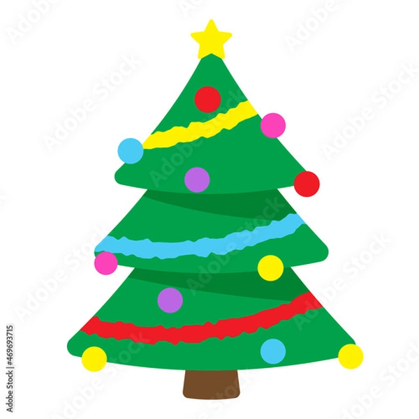 Fototapeta Christmas tree, vector illustration in cartoon flat style. Green fir tree with colorful balls and garland. New Year and Merry Christmas greeting card, poster, icon. Seasonal design and decor. 