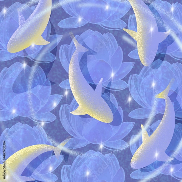Obraz Koi fish in pond illustration. Ripple on water and lotus flowers.