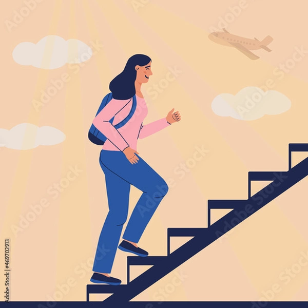 Obraz Girl in blue jeans and backpack climbs up the ladder. Background with clouds and airplane. Woman goes on a journey. Smile, hope for a happy future, metaphor illustration. Vector cartoon character