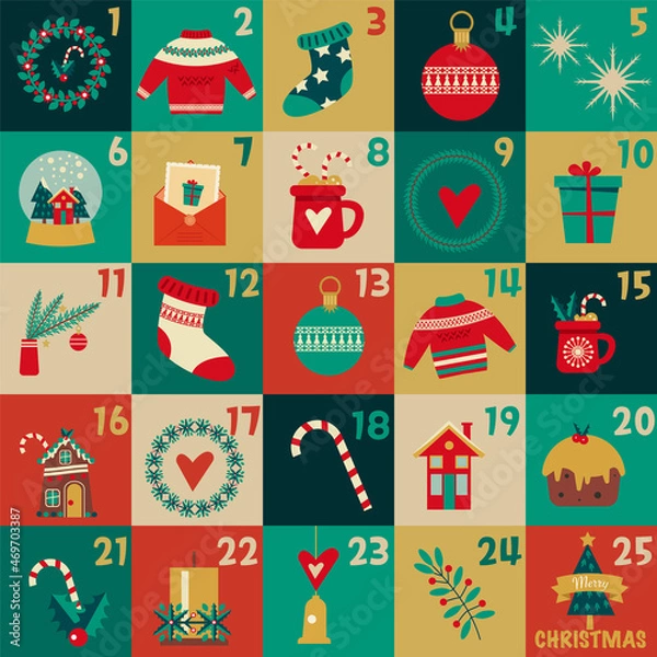 Obraz Advent calendar with christmas elements. Vector illustration in flat style.
