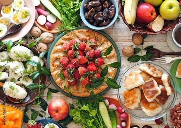 Fototapeta Fragment of a table with vegetarian simple healthy food, cake with strawberries, breadcrumbs, potatoes, egg, herbs. Festive rustic table.