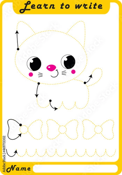 Fototapeta Preschool Fine Motor Worksheet - Dotted Lines.  Learn to write. Trace sheet. Illustration and vector outline - A4 paper, ready for printing. Workbook for kids handwriting repeat.