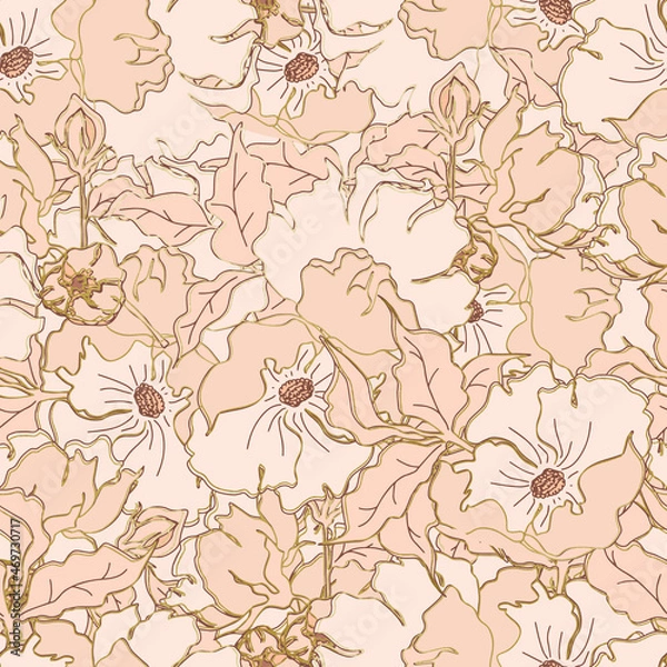 Fototapeta vector seamless pattern flowers with leaves. Botanical illustration for wallpaper, textile, fabric, clothing, paper, postcards