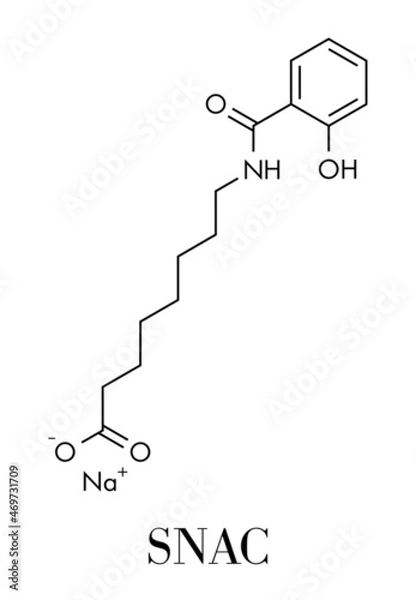 Fototapeta Sodium salcaprozate (SNAC, sodium N-[8-(2-hydroxybenzoyl)amino] caprylate) oral absorption promoter. Used to increase the bioavailability of macromolecules. Skeletal formula.