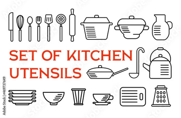 Obraz Icon set of outline kitchen utensil, cutlery and flatware.