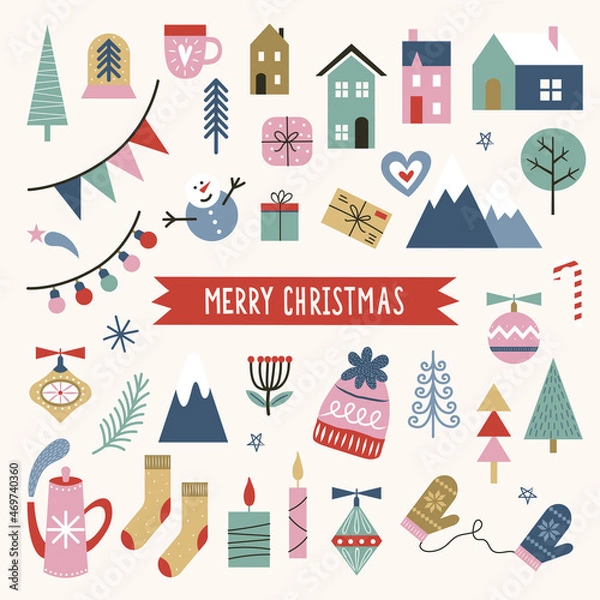 Obraz Merry Christmas greeting card template. Happy New Year clipart set in scandinavian style. Vector illustration.