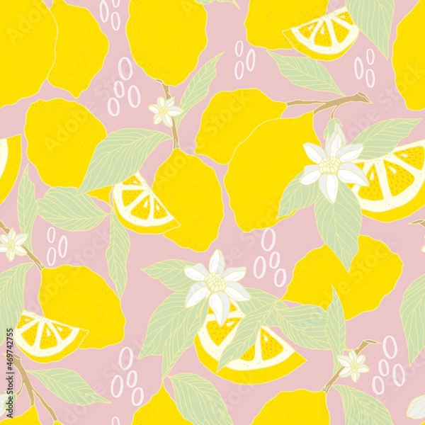 Fototapeta vector seamless pattern lemons and sliced lemons on a pink background. Summer lemon pattern for background, fabric, paper, textile, invitations, web pages.