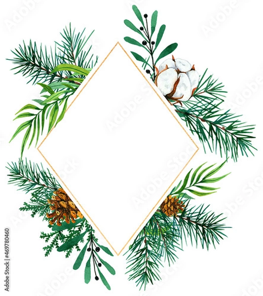 Fototapeta Watercolor circle floral frame with winter plants and gold frame. Hand painted poinsettia and fir branches, berries and leaves, pine cones on a white background. Festive Christmas card for design