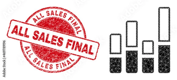 Fototapeta Lowpoly polygonal bar chart icon illustration, and All Sales Final corroded stamp. Red stamp seal contains All Sales Final text inside circle it. Bar chart icon is filled using triangles.