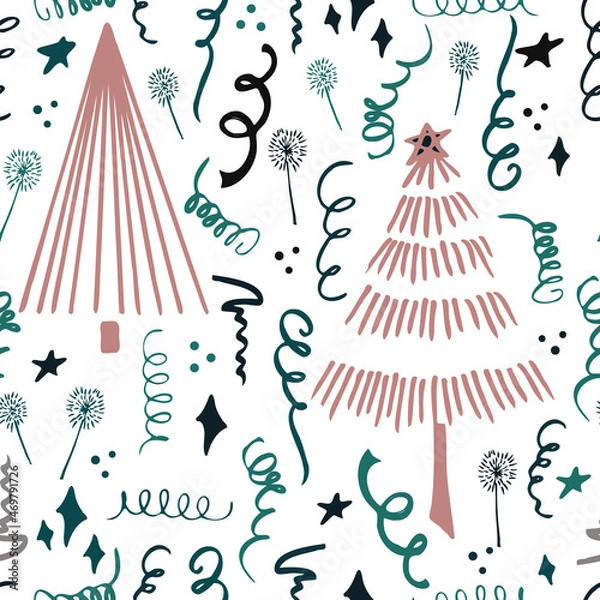 Fototapeta Christmas background party celebration vector seamless pattern stylized Christmas trees with candy gifts and sparklers. Wallpaper for wrapping paper, invitations, paper and cards, website backgrounds.