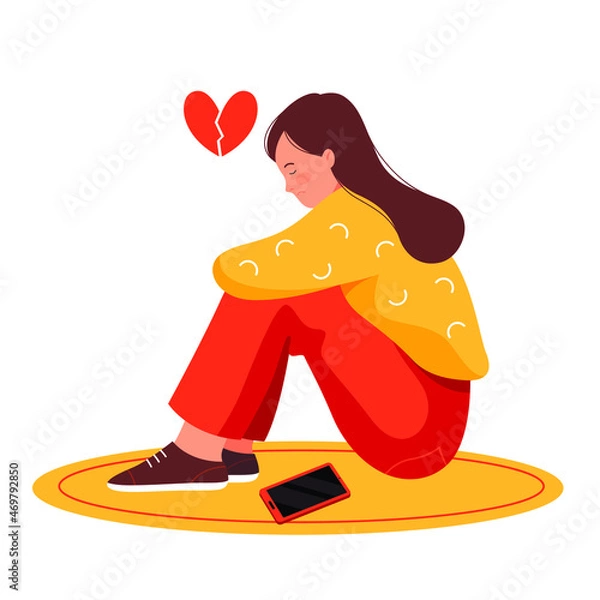 Fototapeta Sad girl with a phone. Unrequited love, parting. Vector illustration.