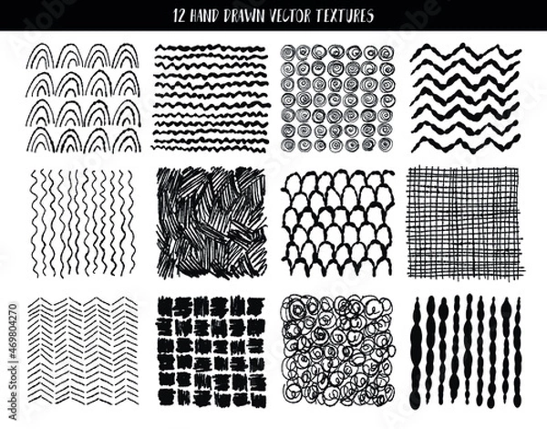 Fototapeta Doodle sketch textures. Vector design elements. Collection texture with variety abstract shapes: jagged lines, zigzag, cells, stripes, and strokes in the Scandinavian style.