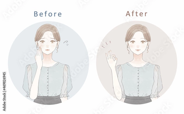 Obraz 悩んでいる女性のビフォーアフター　OKサイン