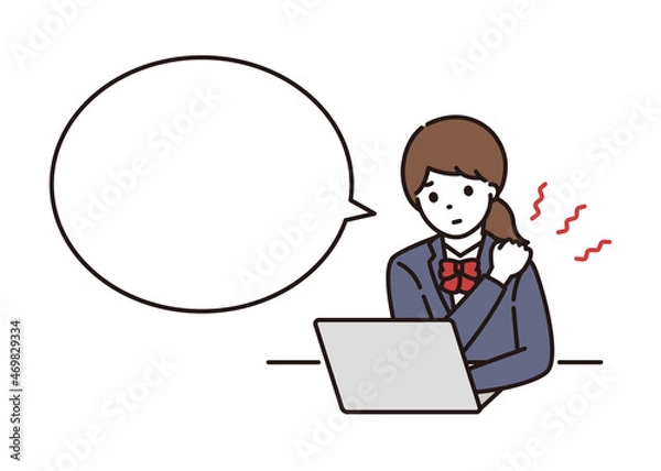 Obraz パソコンの前で肩こりに悩む学生服の女子高校生・中学生 吹き出し