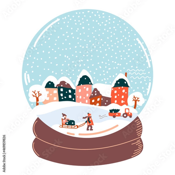 Fototapeta Snow globe with winter landscape, houses, people, sled, road and truck with spruce. Christmas  snow ball. Present for cozy Happy Holidays