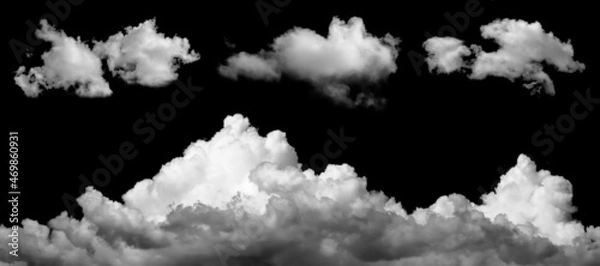 Fototapeta Beautiful white clouds elements set, isolated on black background.