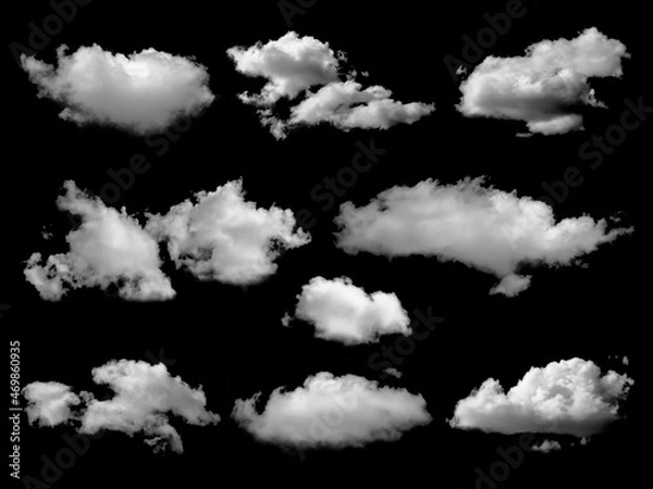 Fototapeta Beautiful white clouds elements set, isolated on black background.